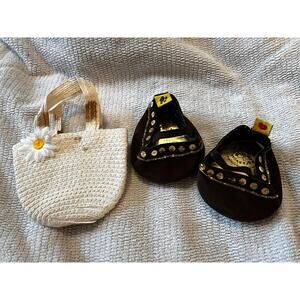 Build A Bear Workshop White Tote Bag Purse & Black Sequin Stuffed Animal Shoes